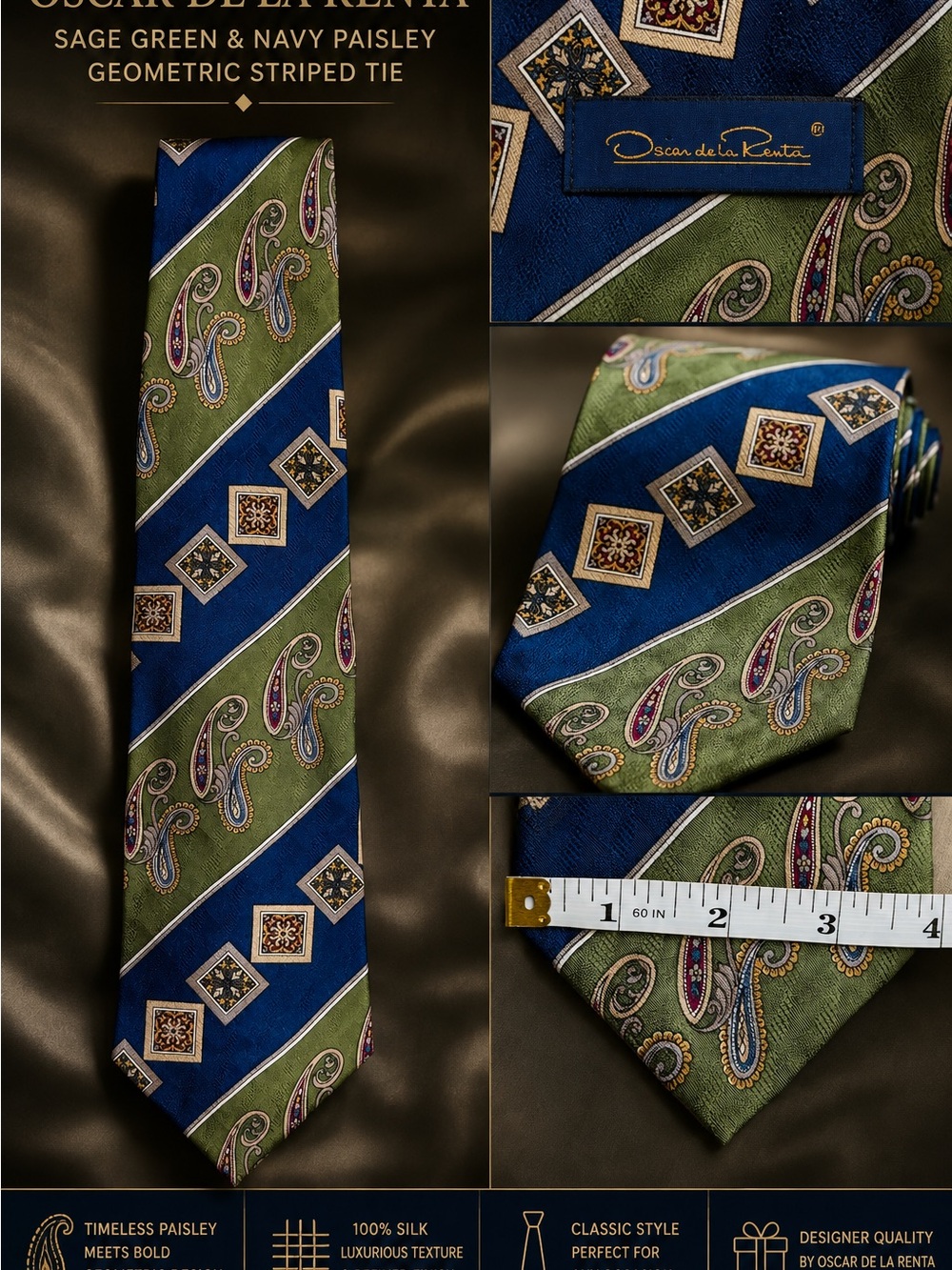 Oscar de la Renta Sage Green & Navy Paisley Geometric Silk Tie